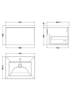 [BFSL1822L] Pershall Contemporary Wall Hung 1 Drawer Vanity Unit with 1 Tap Hole Fireclay Basin - Choice of Size and Colour - Technical Drawing