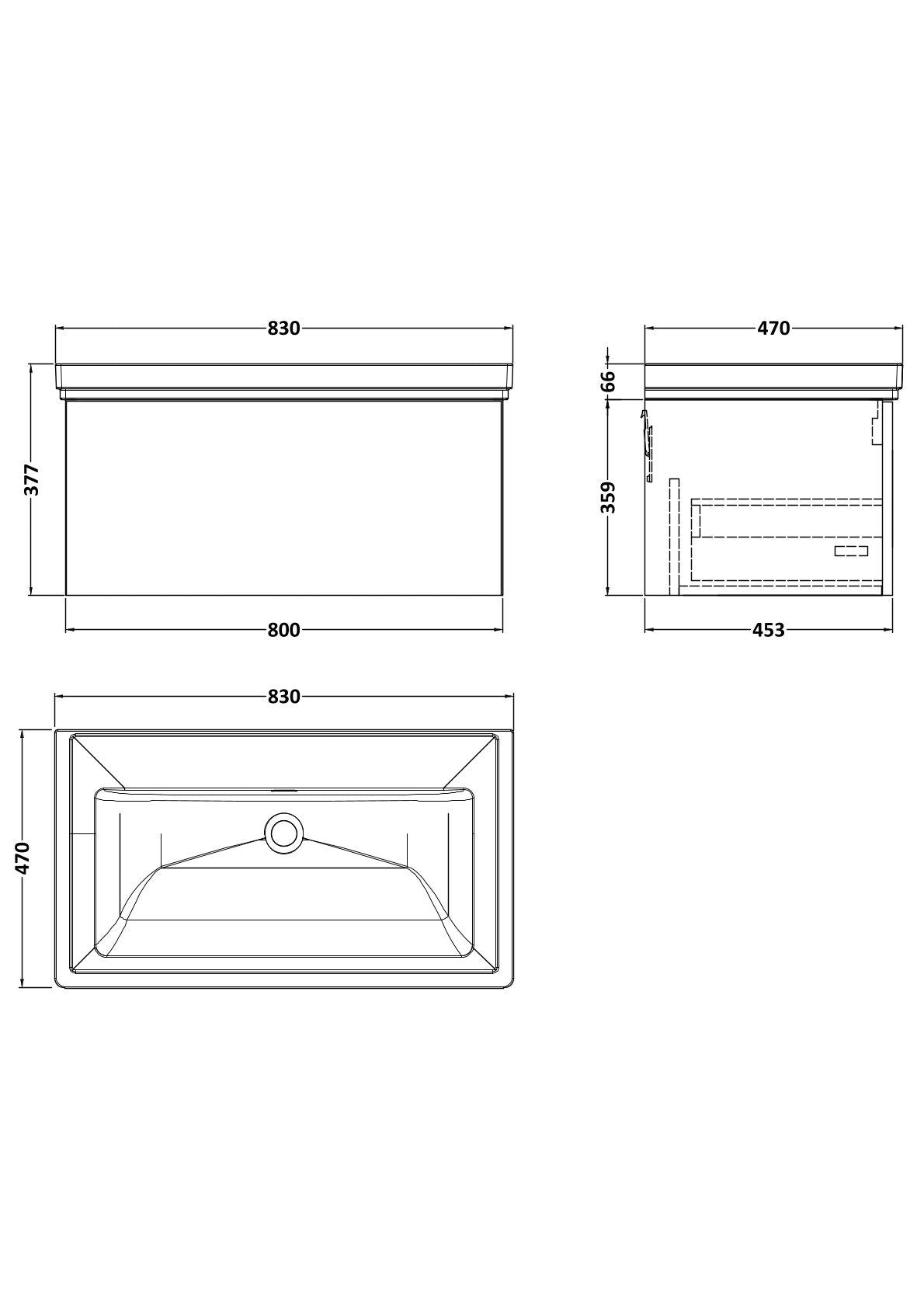 [BFSL1825H] Pershall Contemporary Wall Hung 1 Drawer Vanity Unit with Traditional 0 Tap Hole Fireclay Basin - Choice of Size and Colour - Technical Drawing
