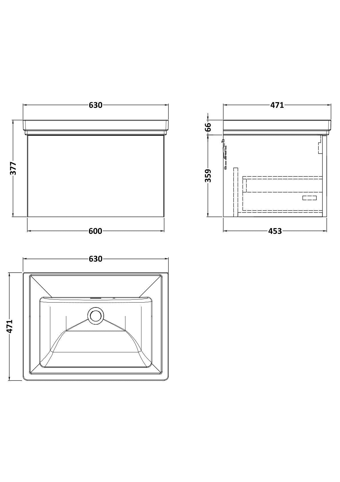 [BFSL3122H] Pershall Contemporary Wall Hung 1 Drawer Vanity Unit with Traditional 0 Tap Hole Fireclay Basin - Choice of Size and Colour - Technical Drawing