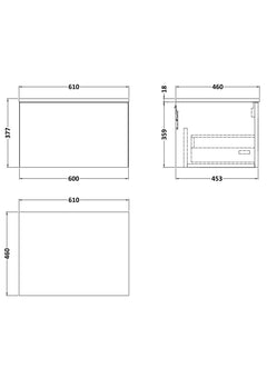 [BFSL3222WMT] Pershall Contemporary Wall Hung 1 Drawer Vanity Unit with White Marble Top - Choice of Size and Colour - Technical Drawing