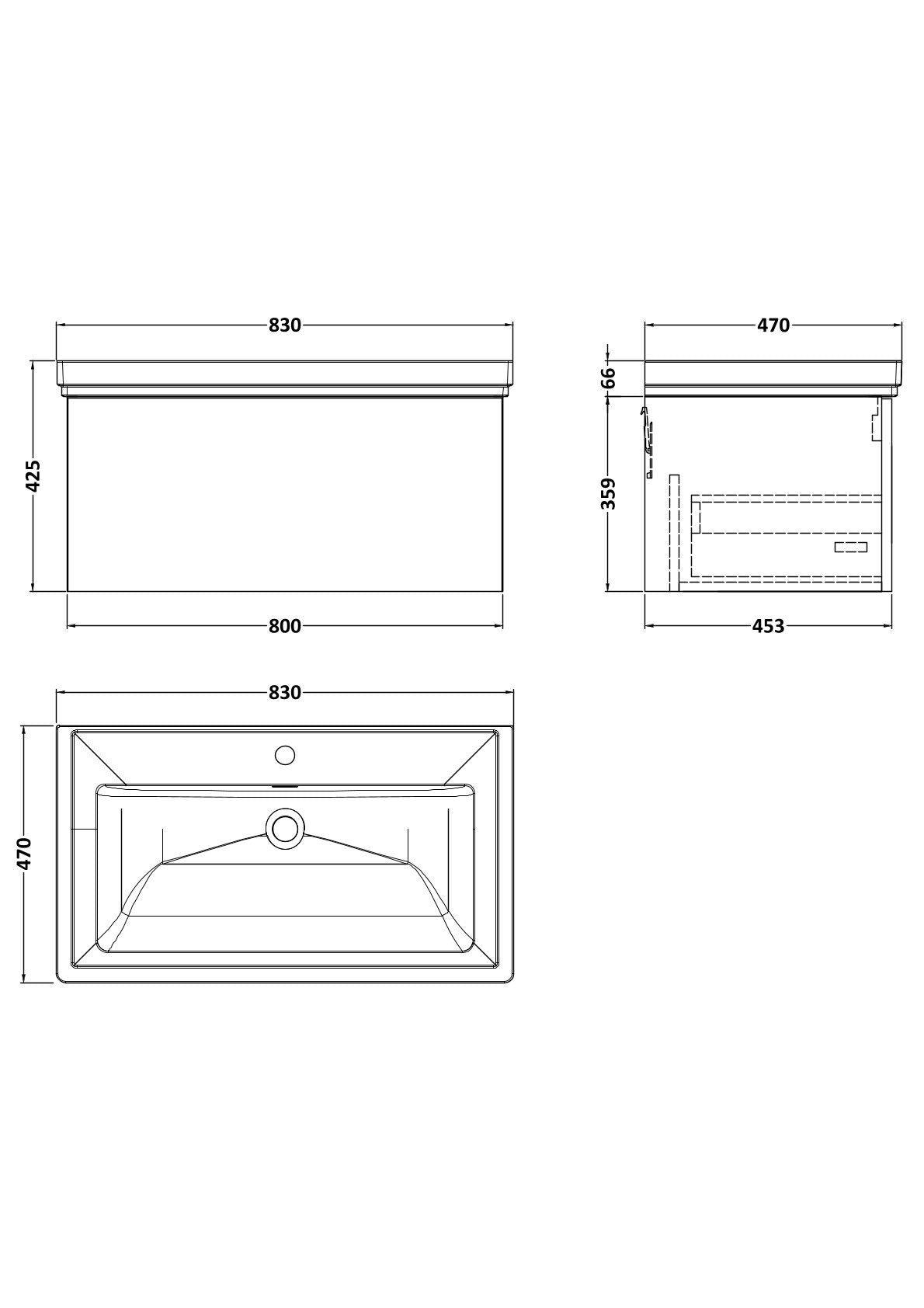 [BFSL3225A] Pershall Contemporary Wall Hung 1 Drawer Vanity Unit with Traditional 1 Tap Hole Fireclay Basin - Choice of Size and Colour - Technical Drawing