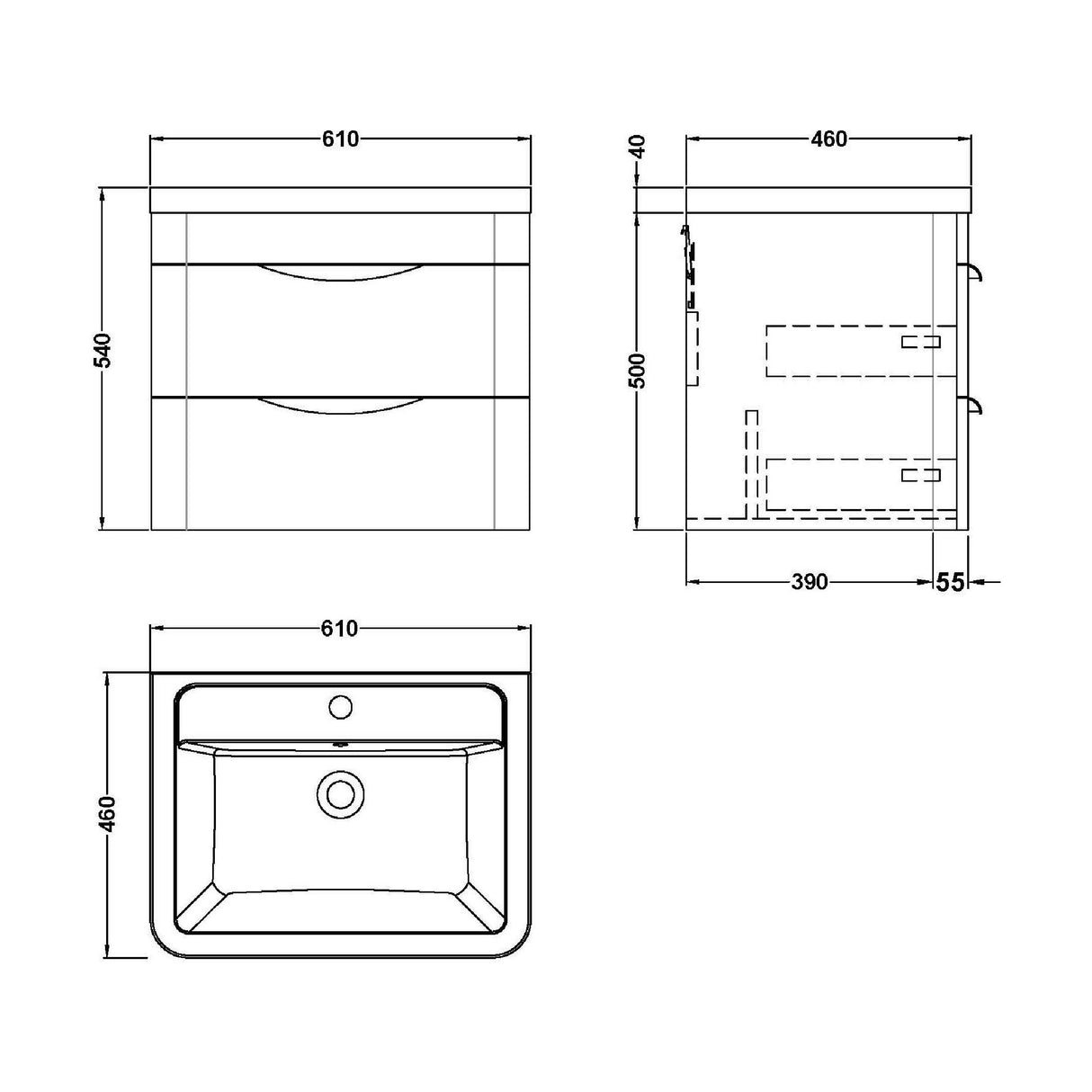 [BFWA002A] Aldershawe Modern 2-Drawer Wall Hung Vanity Basin Unit with Ceramic Basin - 600mm - Technical Drawing