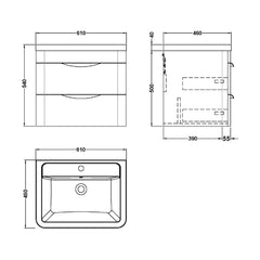 [BFWA002A] Aldershawe Modern 2-Drawer Wall Hung Vanity Basin Unit with Ceramic Basin - 600mm - Technical Drawing