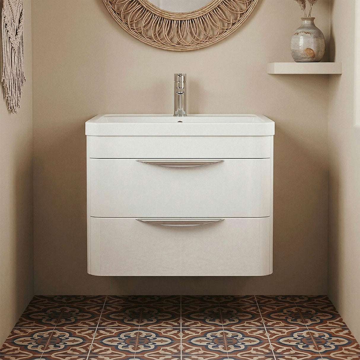 [BFWA002] Balterley Wave Modern Bathroom Wall Hung 2 Drawer Vanity Unit Basin, Gloss White, 550mm - Silo