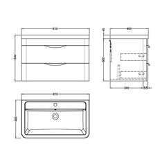 [BFWA005A] Balterley Wave Contemporary Bathroom Wall Hung 2 Drawer Vanity Unit & Ceramic Basin, Gloss White, 810mm - Technical Drawing