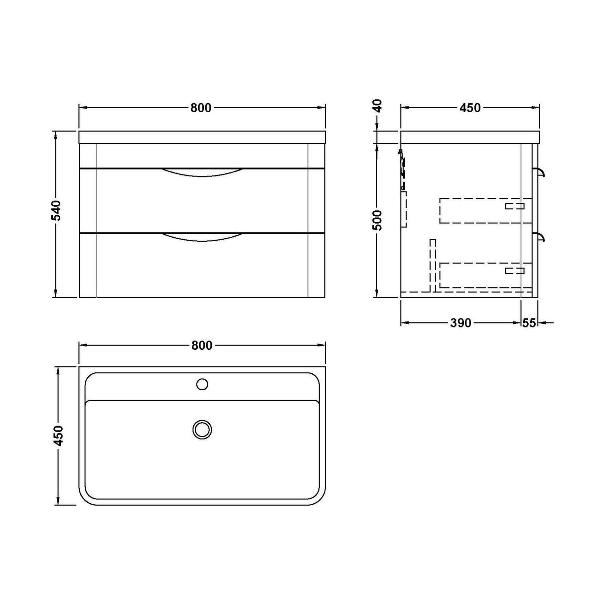 [BFWA005] Balterley Wave Modern Bathroom Wall Hung 2 Drawer Vanity Unit Basin, Gloss White, 755mm - Technical Drawing