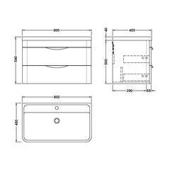 [BFWA005] Balterley Wave Modern Bathroom Wall Hung 2 Drawer Vanity Unit Basin, Gloss White, 755mm - Technical Drawing