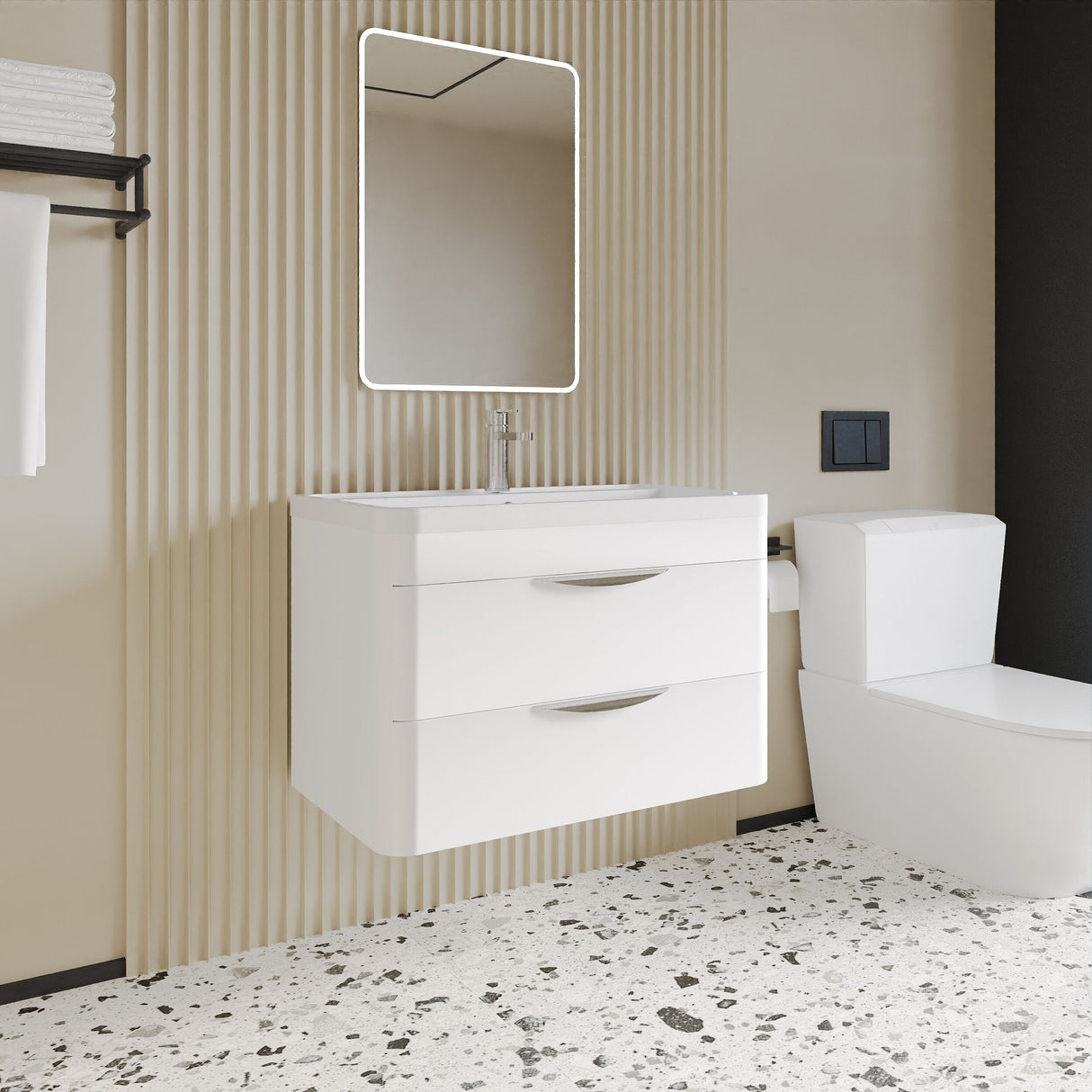 [BFWA005] Balterley Wave Modern Bathroom Wall Hung 2 Drawer Vanity Unit Basin, Gloss White, 755mm - Lifestyle 3