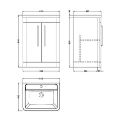 [BFWA010A] Aldershawe Modern Bathroom Floor Standing 2 Soft Close Door Vanity Basin Unit - Choice of Basin, Colour and Size - Technical Drawing