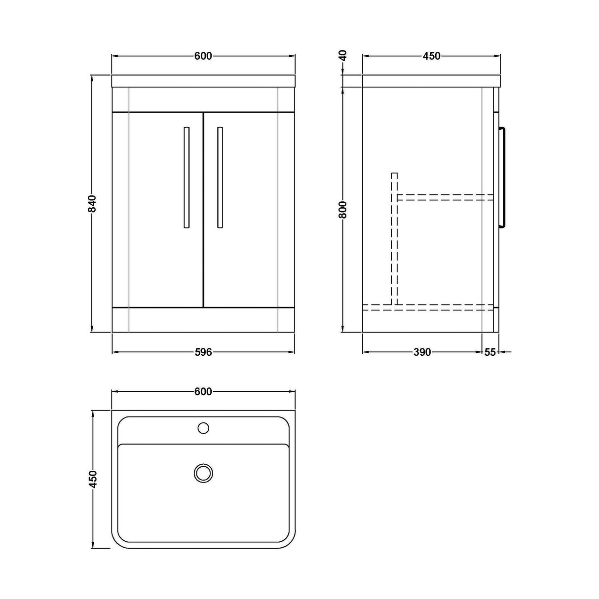 [BFWA010] Aldershawe Modern Bathroom Floor Standing 2 Soft Close Door Vanity Basin Unit - Choice of Basin, Colour and Size - Technical Drawing