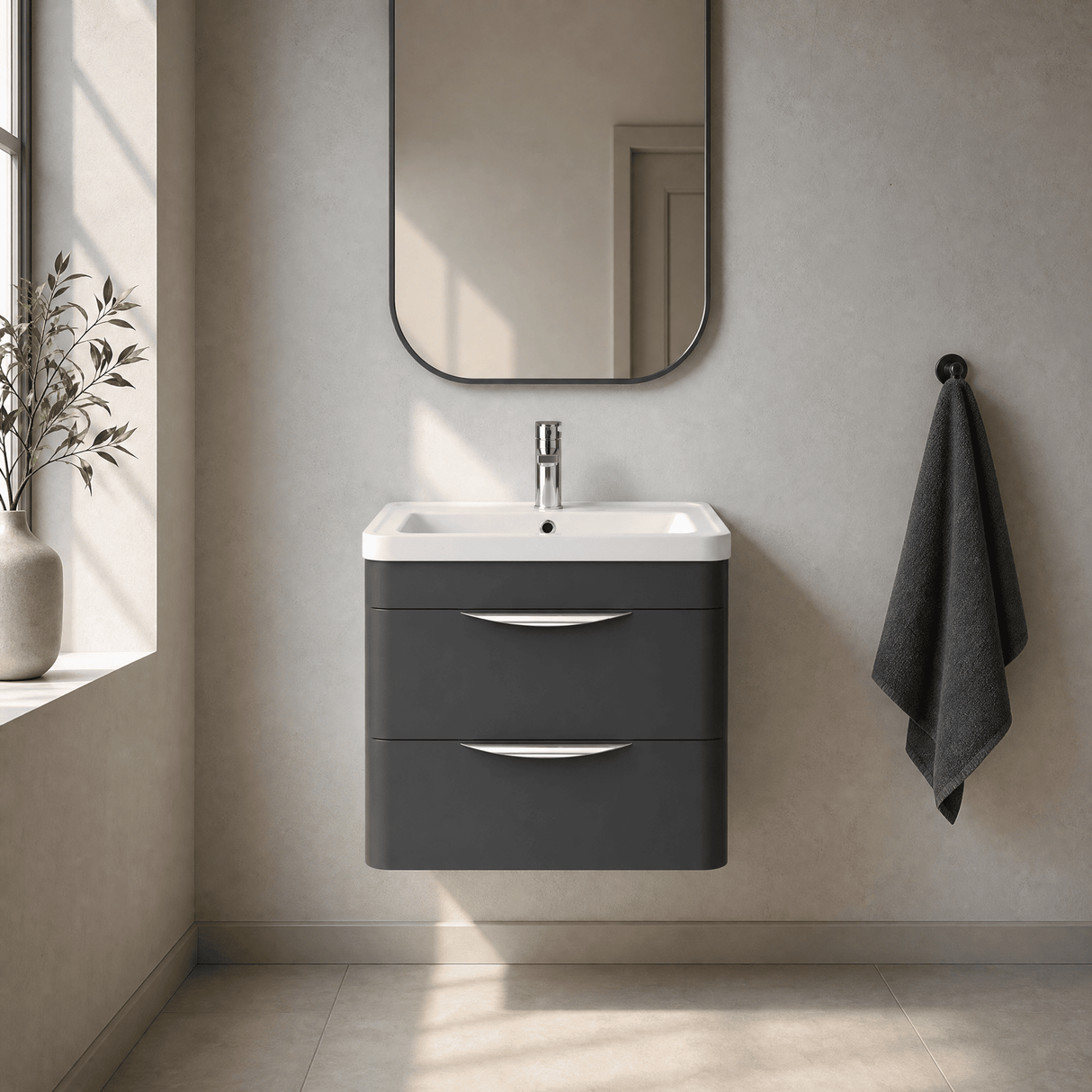 [BFWA1402A] Aldershawe Modern 2-Drawer Wall Hung Vanity Basin Unit with Ceramic Basin - 600mm - Silo