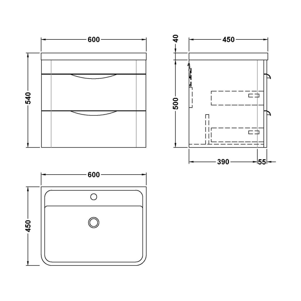 [BFWA1402] Aldershawe Modern 2-Drawer Wall Hung Vanity Unit with Polymarble Basin, Choice of Size and Colour - Technical Drawing