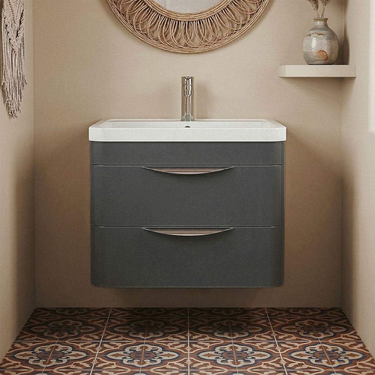 [BFWA1402] Aldershawe Modern 2-Drawer Wall Hung Vanity Unit with Polymarble Basin, Choice of Size and Colour - Silo