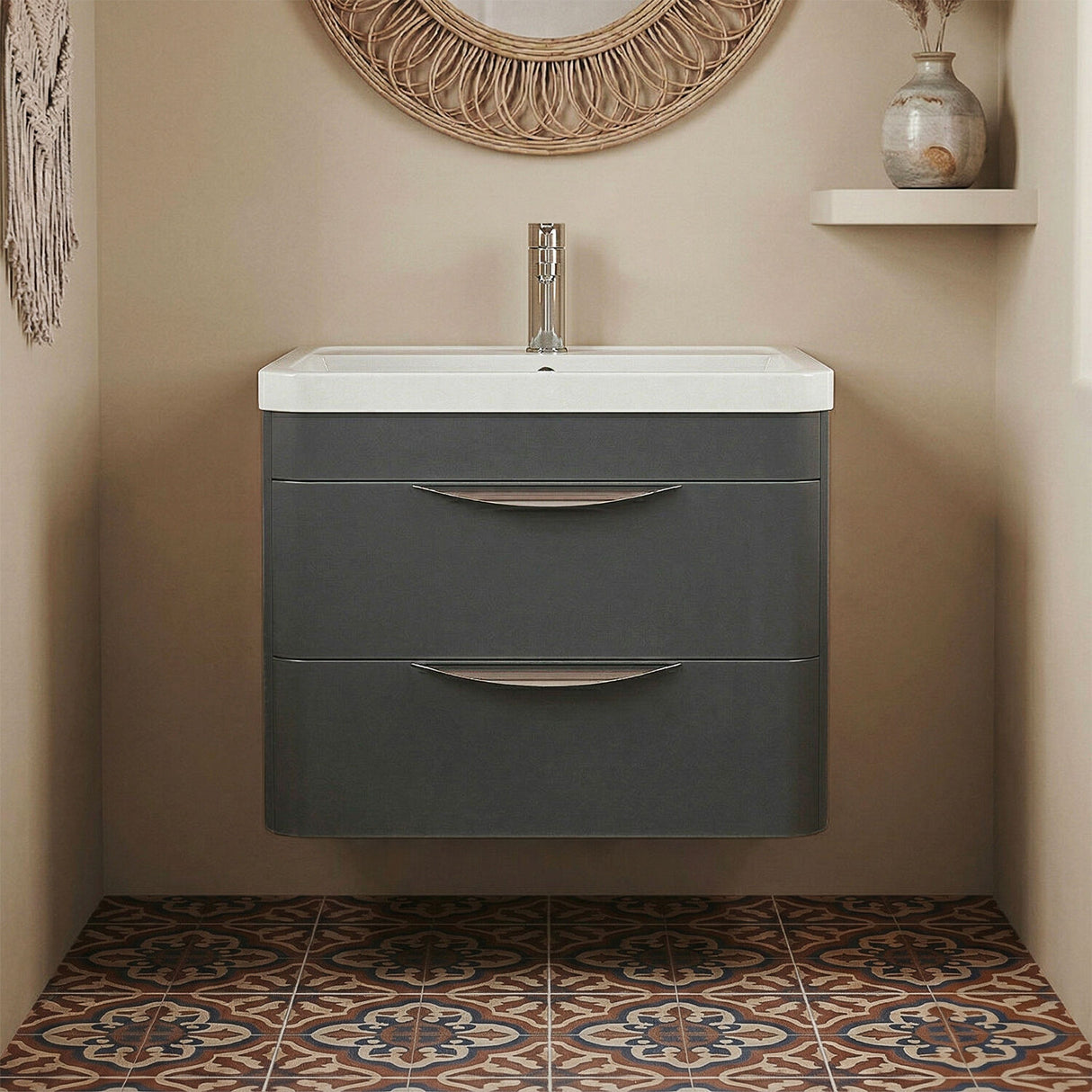 [BFWA1402] Balterley Wave Contemporary Wall Hung 2 Drawer Bathroom Vanity Unit & Polymarble Basin, Dark Grey, 550mm - Silo