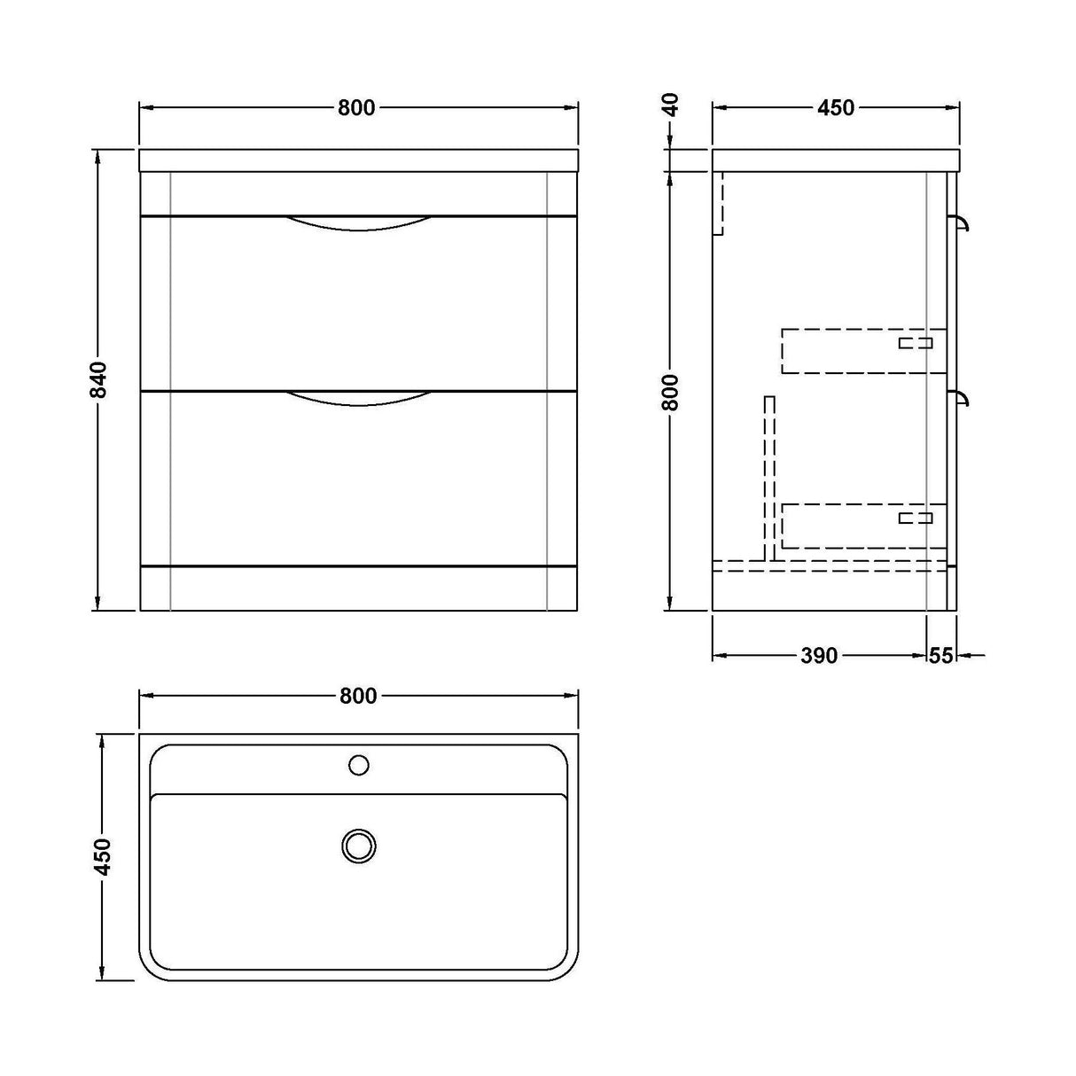 [BFWA1404A] Aldershawe Floor Standing 2 Drawer Bathroom Vanity Basin Unit with Ceramic Basin, 800mm - Technical Drawing