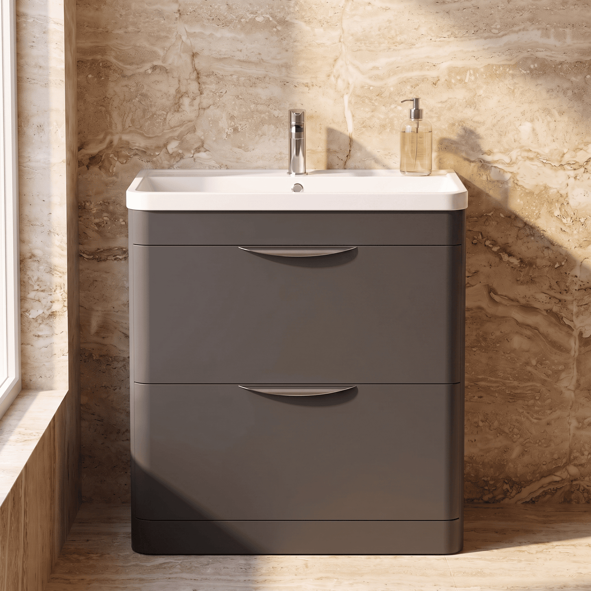 [BFWA1404] Aldershawe Contemporary 2 Drawer Floor Standing Vanity Unit with Basin, Choice of Size and Colour - Silo