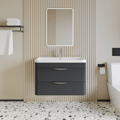 [BFWA1405] Balterley Wave Contemporary Wall Hung 2 Drawer Bathroom Vanity Unit & Polymarble Basin, Dark Grey, 755mm - Lifestyle 1