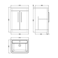 [BFWA1410A] Aldershawe Modern Bathroom Floor Standing 2 Soft Close Door Vanity Basin Unit - Choice of Basin, Colour and Size - Technical Drawing
