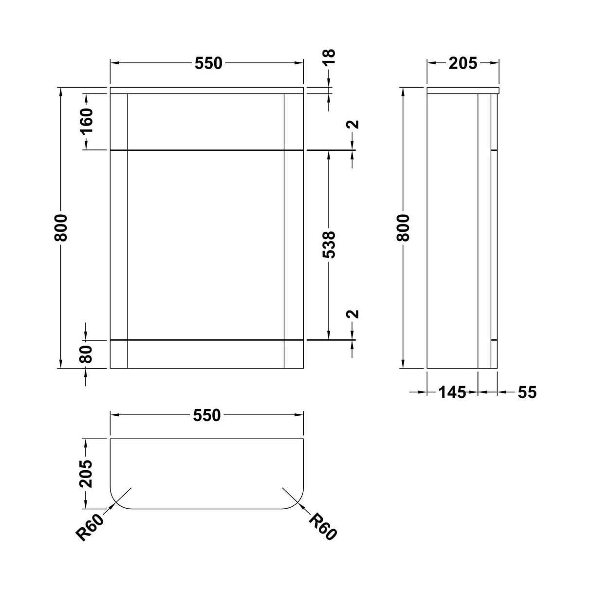 [BFWA1441] Aldershawe Modern Floor Standing Soft Square WC Toilet Unit – 550mm - Technical Drawing
