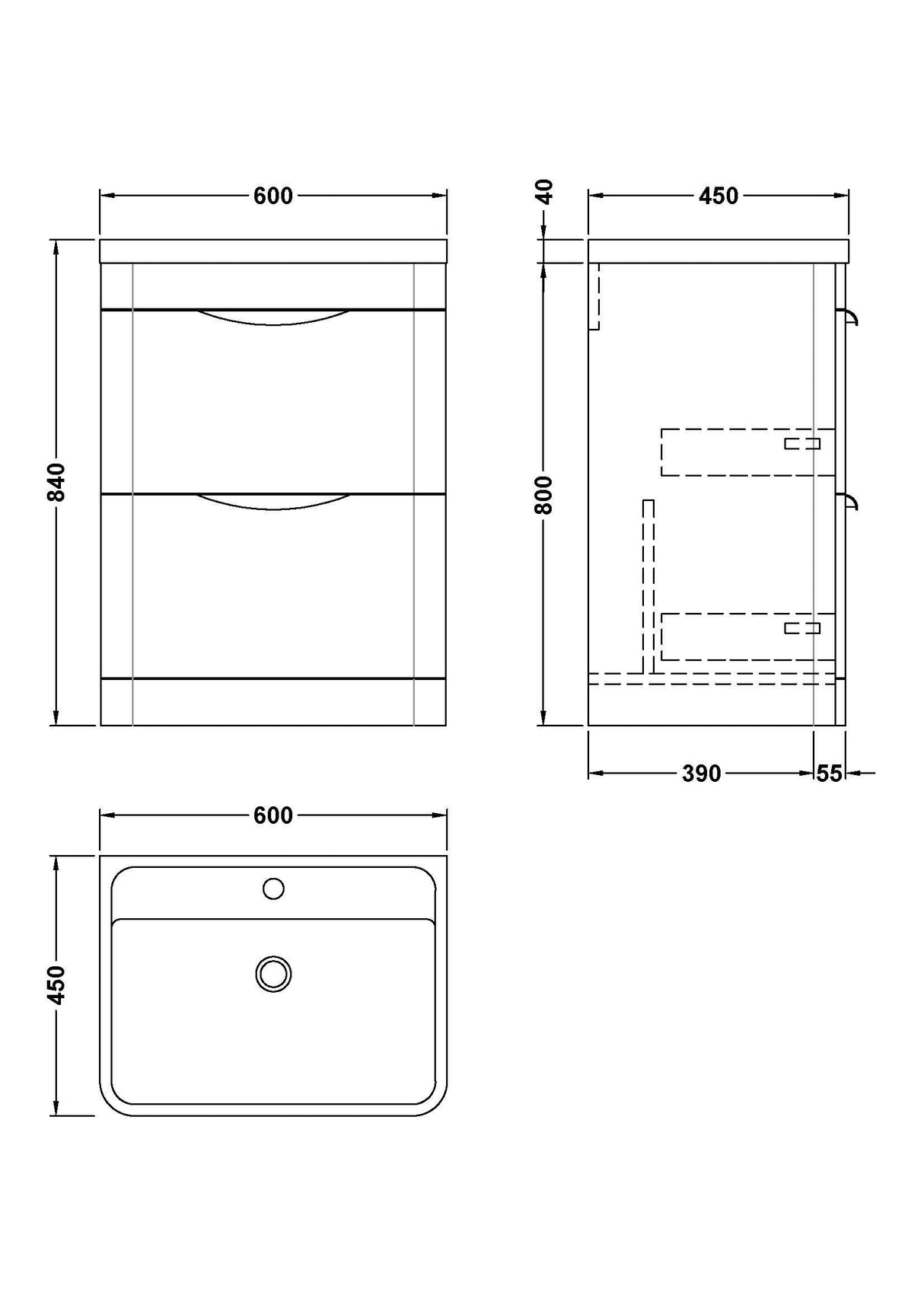 [BFWA201A] Aldershawe Contemporary 2 Drawer Floor Standing Vanity Unit with Basin, 600mm, Choice of Colour - Technical Drawing
