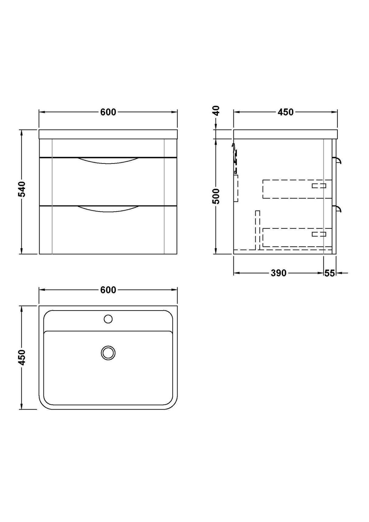 [BFWA202] Aldershawe Modern 2-Drawer Wall Hung Vanity Unit with Polymarble Basin, Choice of Size and Colour - Technical Drawing