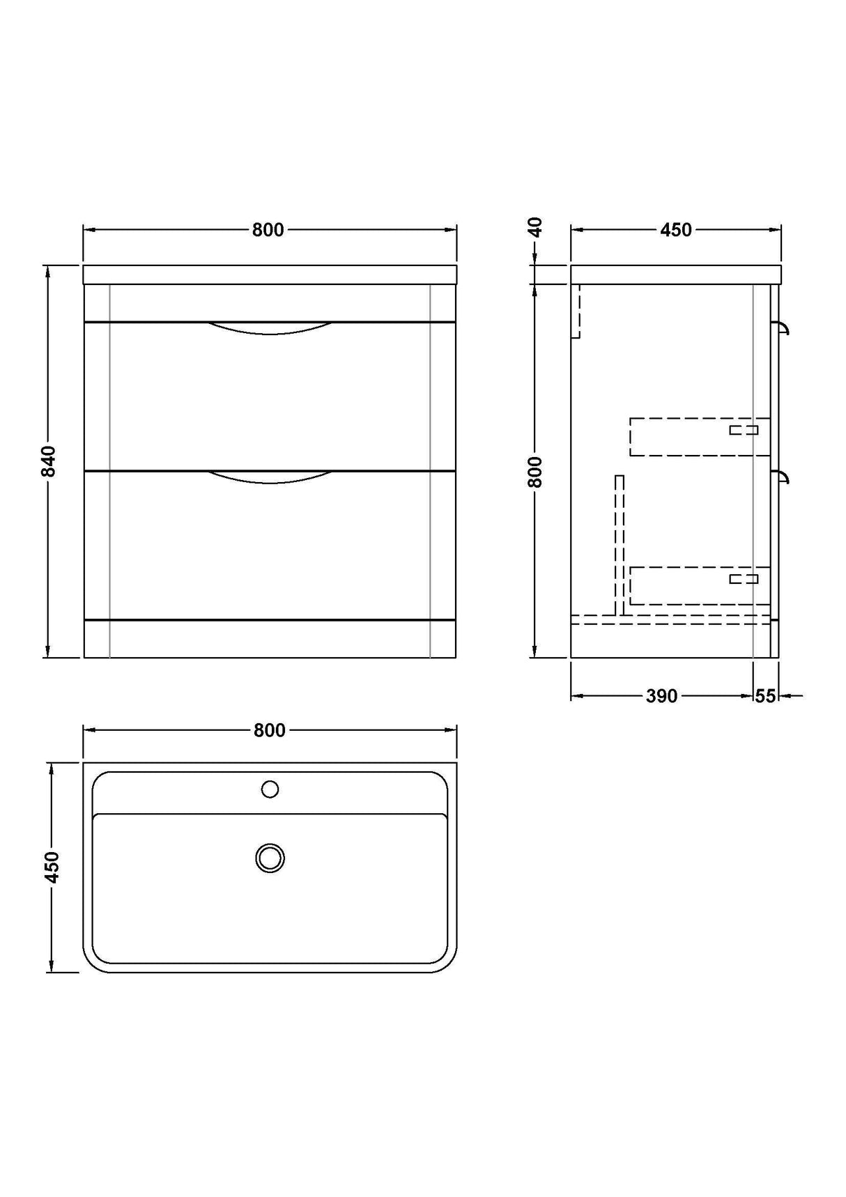 [BFWA204] Aldershawe Contemporary 2 Drawer Floor Standing Vanity Unit with Basin, Choice of Size and Colour - Technical Drawing