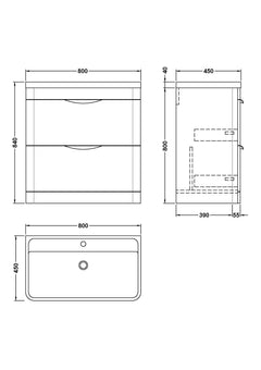 [BFWA3204] Aldershawe Contemporary 2 Drawer Floor Standing Vanity Unit with Basin, Choice of Size and Colour - Technical Drawing