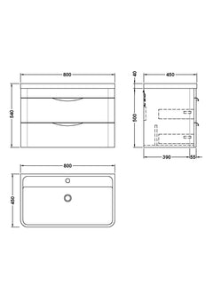 [BFWA3205A] Aldershawe Contemporary 2 Drawer Wall Hung Vanity Unit with Ceramic Basin, 800mm, Choice of Colour - Technical Drawing