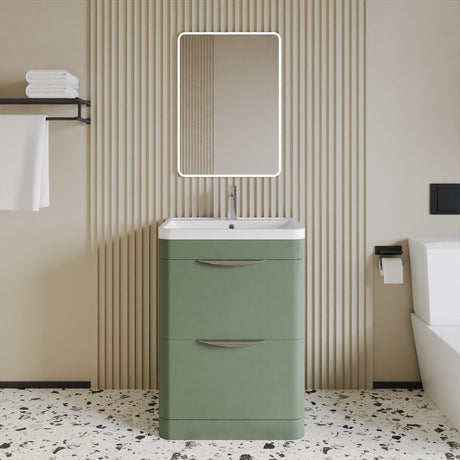 [BFWA801A] Balterley Wave Contemporary Floor Standing 2 Drawer Bathroom Vanity Unit & Ceramic Basin, Satin Green, 610mm - Lifestyle 1