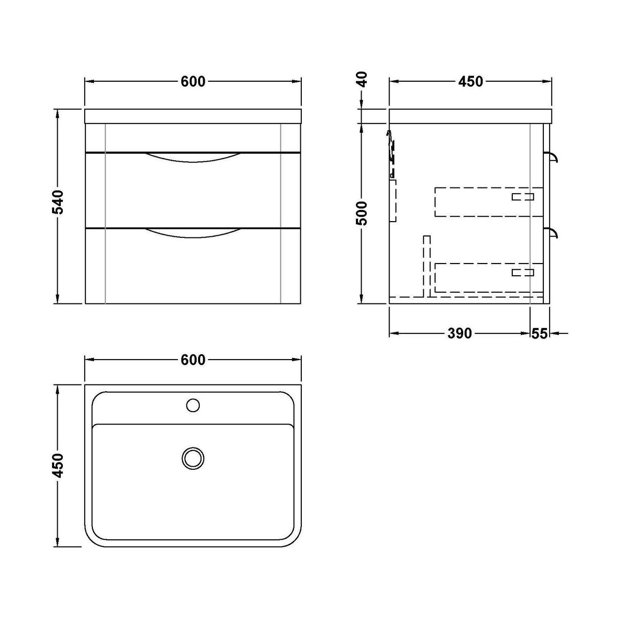 [BFWA802A] Aldershawe Modern 2-Drawer Wall Hung Vanity Basin Unit with Ceramic Basin - 600mm - Technical Drawing