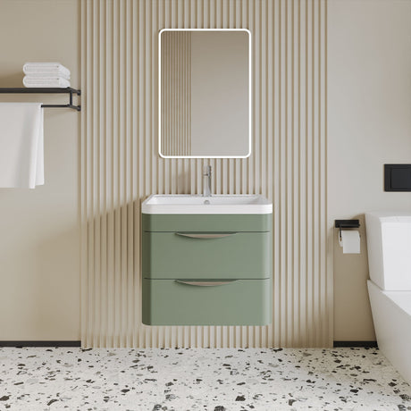 [BFWA802] Balterley Wave Contemporary Wall Hung 2 Drawer Bathroom Vanity Unit & Polymarble Basin, Satin Green, 600mm - Lifestyle 1