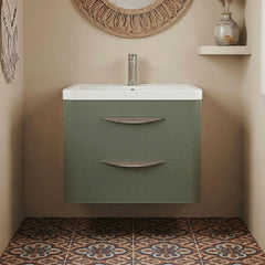 [BFWA802] Balterley Wave Contemporary Wall Hung 2 Drawer Bathroom Vanity Unit & Polymarble Basin, Satin Green, 600mm - Silo
