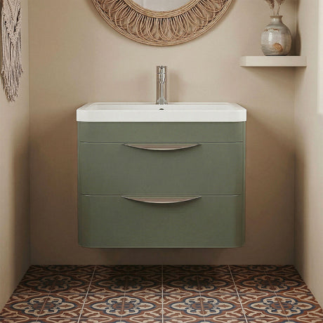 [BFWA802] Balterley Wave Contemporary Wall Hung 2 Drawer Bathroom Vanity Unit & Polymarble Basin, Satin Green, 600mm - Silo