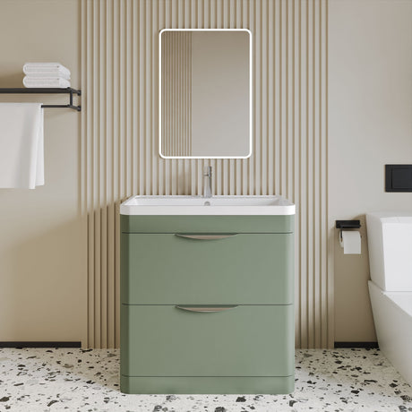 [BFWA804] Balterley Wave Contemporary Floor Standing 2 Drawer Bathroom Vanity Unit & Polymarble Basin, Satin Green, 800mm - Lifestyle 1
