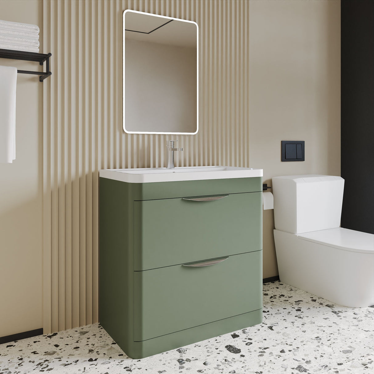 [BFWA804] Balterley Wave Contemporary Floor Standing 2 Drawer Bathroom Vanity Unit & Polymarble Basin, Satin Green, 800mm - Lifestyle 3