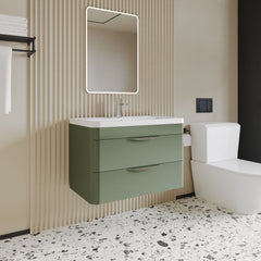 [BFWA805A] Balterley Wave Contemporary Wall Hung 2 Drawer Bathroom Vanity Unit & Ceramic Basin, Satin Green, 810mm - Lifestyle 3