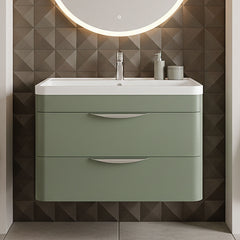 [BFWA805A] Balterley Wave Contemporary Wall Hung 2 Drawer Bathroom Vanity Unit & Ceramic Basin, Satin Green, 810mm - Silo