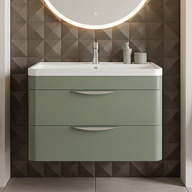 [BFWA805A] Balterley Wave Contemporary Wall Hung 2 Drawer Bathroom Vanity Unit & Ceramic Basin, Satin Green, 810mm - Silo