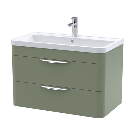 [BFWA805] Balterley Wave Contemporary Wall Hung 2 Drawer Bathroom Vanity Unit & Polymarble Basin, Satin Green, 800mm - Cutout