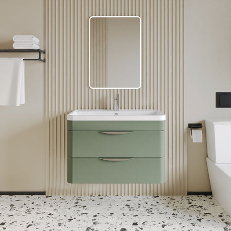 [BFWA805] Balterley Wave Contemporary Wall Hung 2 Drawer Bathroom Vanity Unit & Polymarble Basin, Satin Green, 800mm - Lifestyle 1