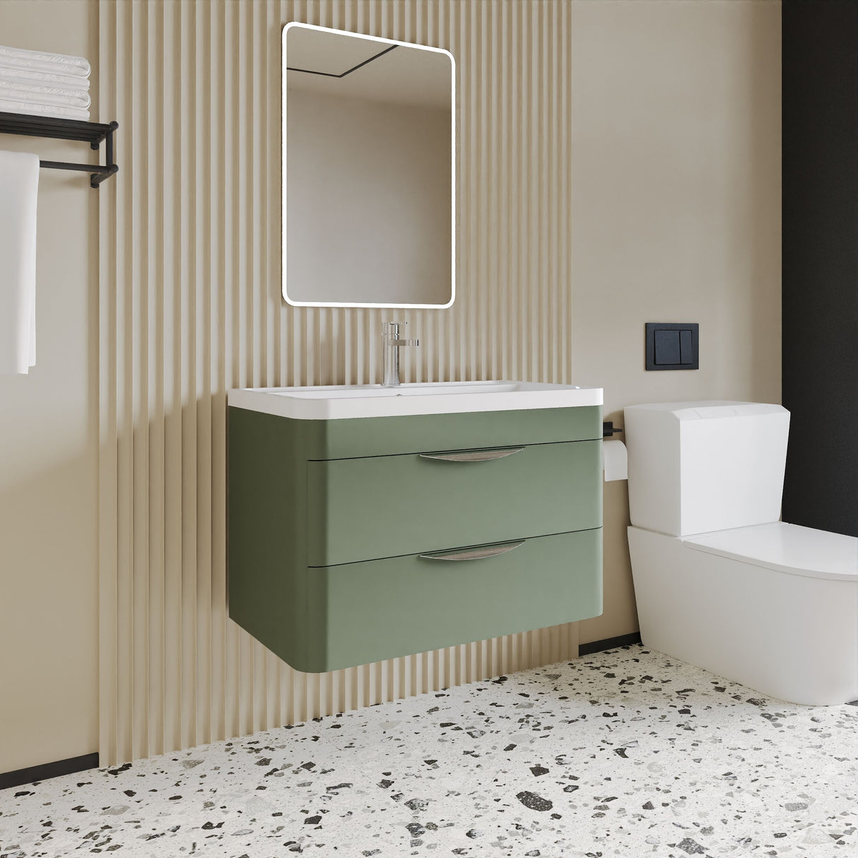 [BFWA805] Balterley Wave Contemporary Wall Hung 2 Drawer Bathroom Vanity Unit & Polymarble Basin, Satin Green, 800mm - Lifestyle 3
