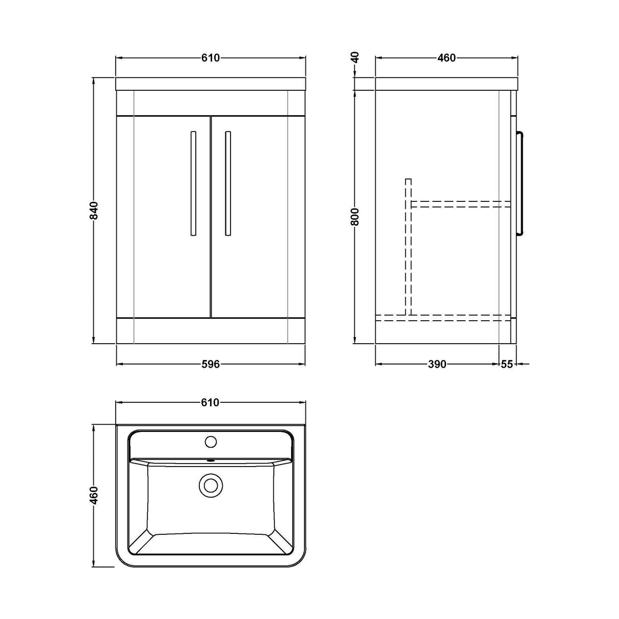 [BFWA810A] Aldershawe Modern Bathroom Floor Standing 2 Soft Close Door Vanity Basin Unit - Choice of Basin, Colour and Size - Technical Drawing