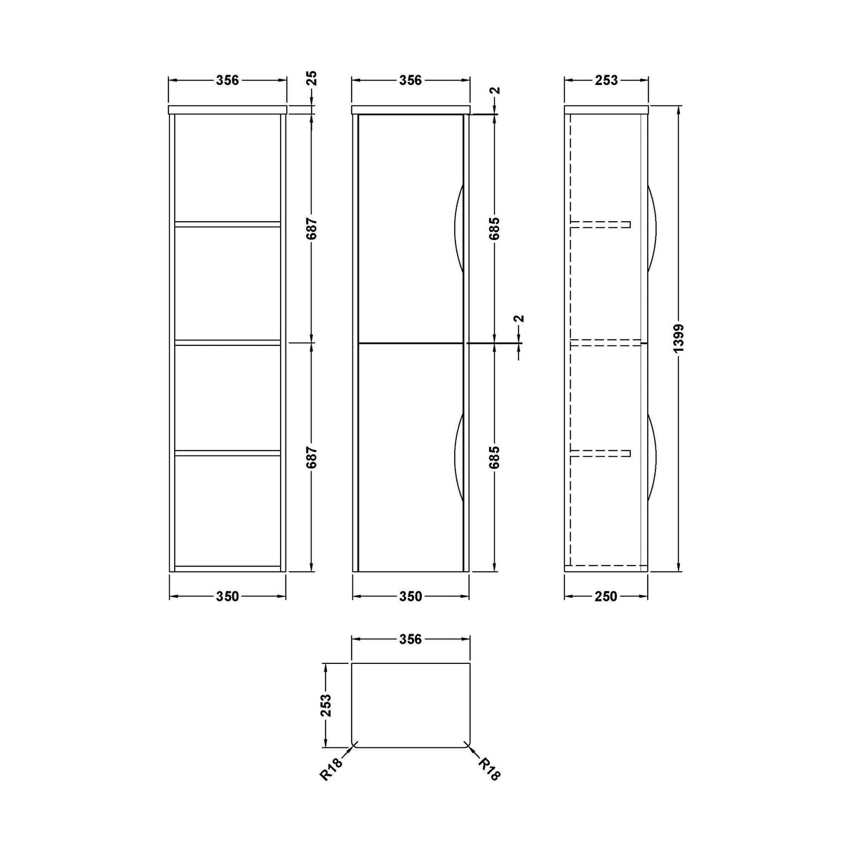 [BFWA863] Aldershawe Modern Wall Hung 2-Door Tall Bathroom Storage Unit – 350mm - Technical Drawing