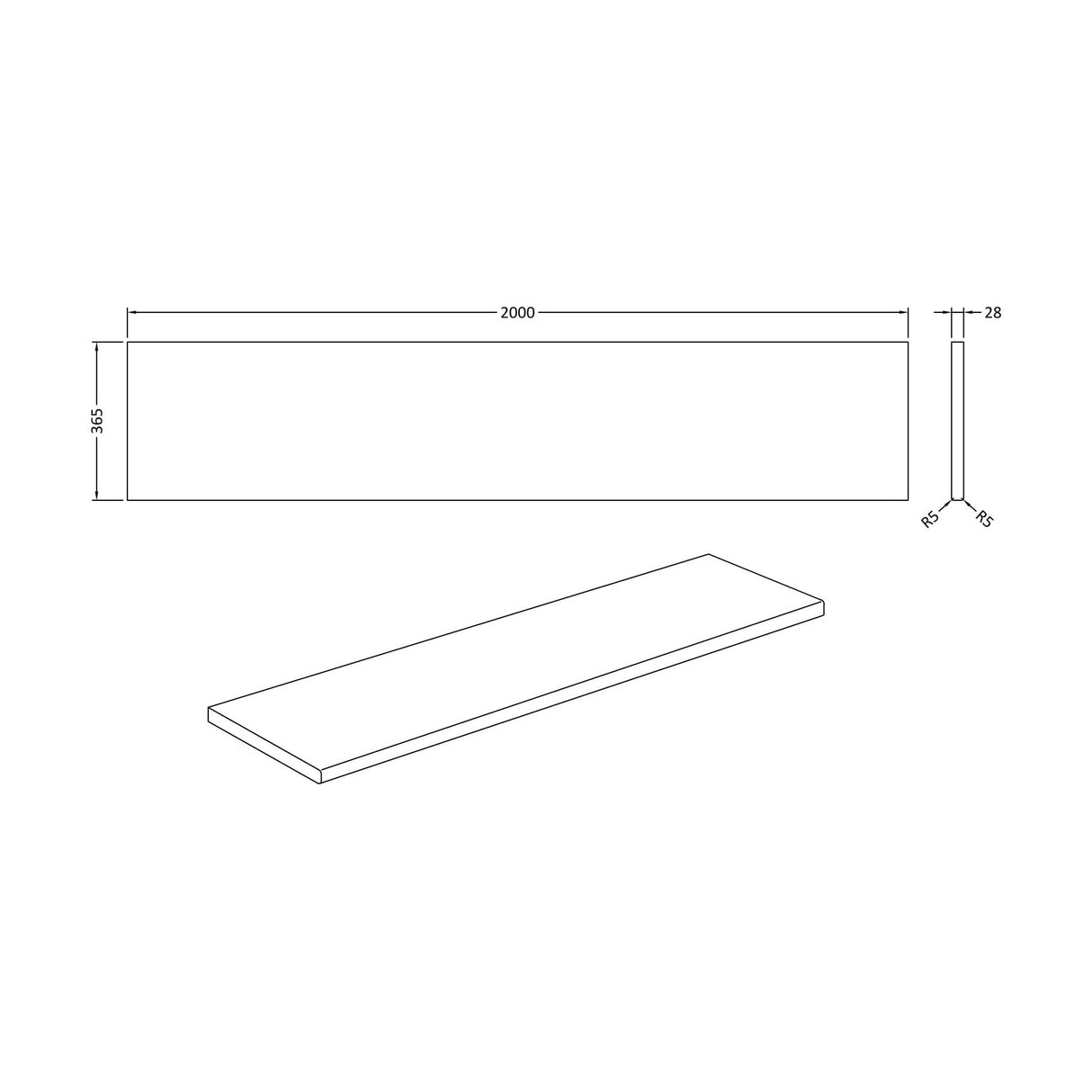 [BFWBAQ2] Black Astral Quartz MFC Laminate Kitchen Worktop, W 2000mm x L 28mm x D 365mm, Black - Technical Drawing