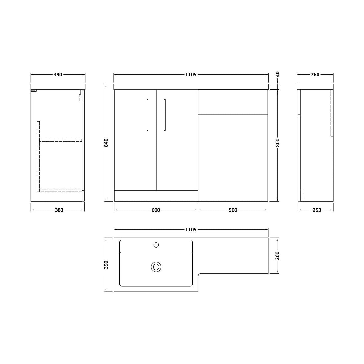 [BFZLE001] Level Bathroom Bundle Floor Standing Vanity Basin and WC Unit with Pan, Seat and Cistern - Left Hand - Gloss White - Balterley - Technical Drawing