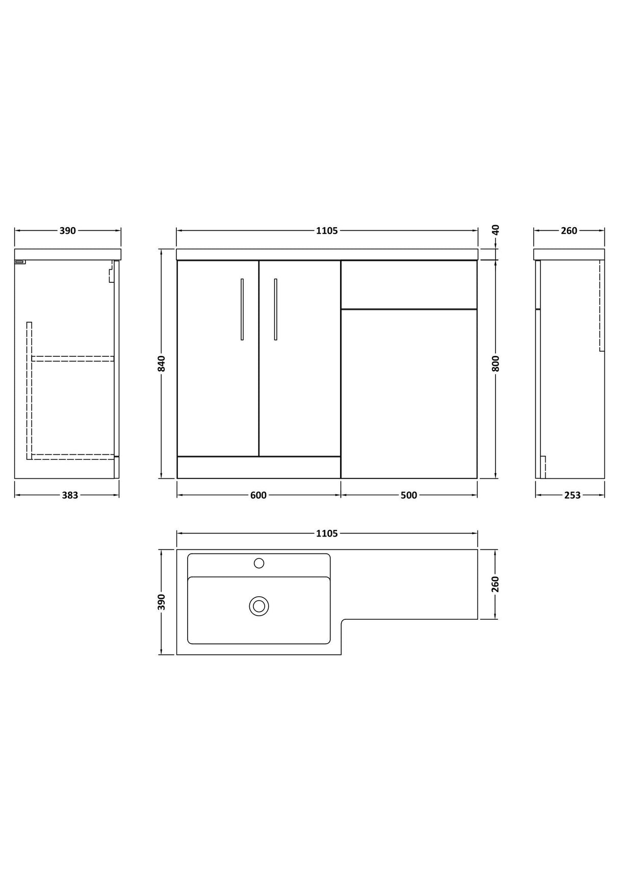[BFZLE003] Bramshall Vanity Unit Bundle, Choice of Orientation and Colour - Technical Drawing
