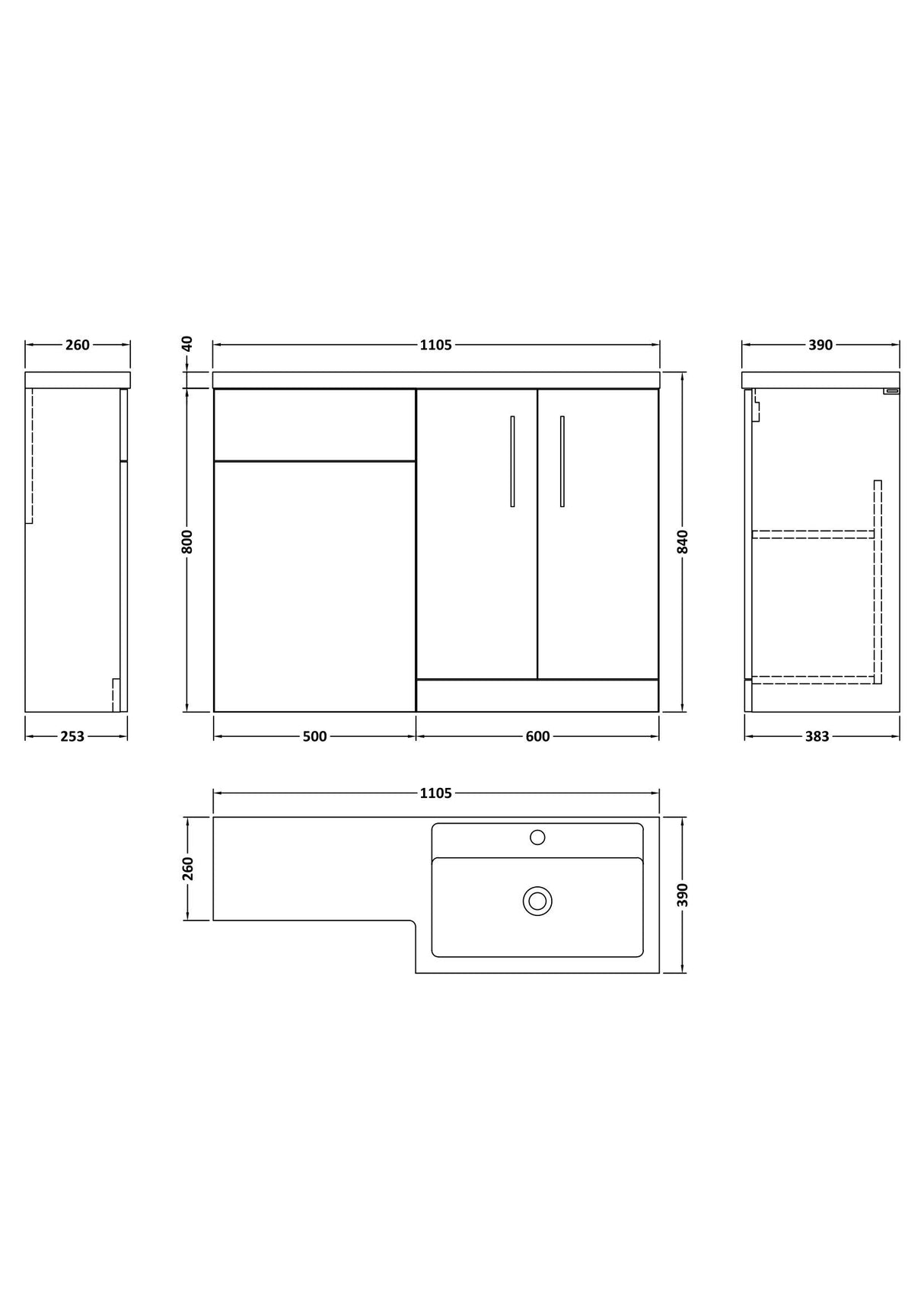 [BFZLE004] Bramshall Vanity Unit Bundle, Choice of Orientation and Colour - Technical Drawing
