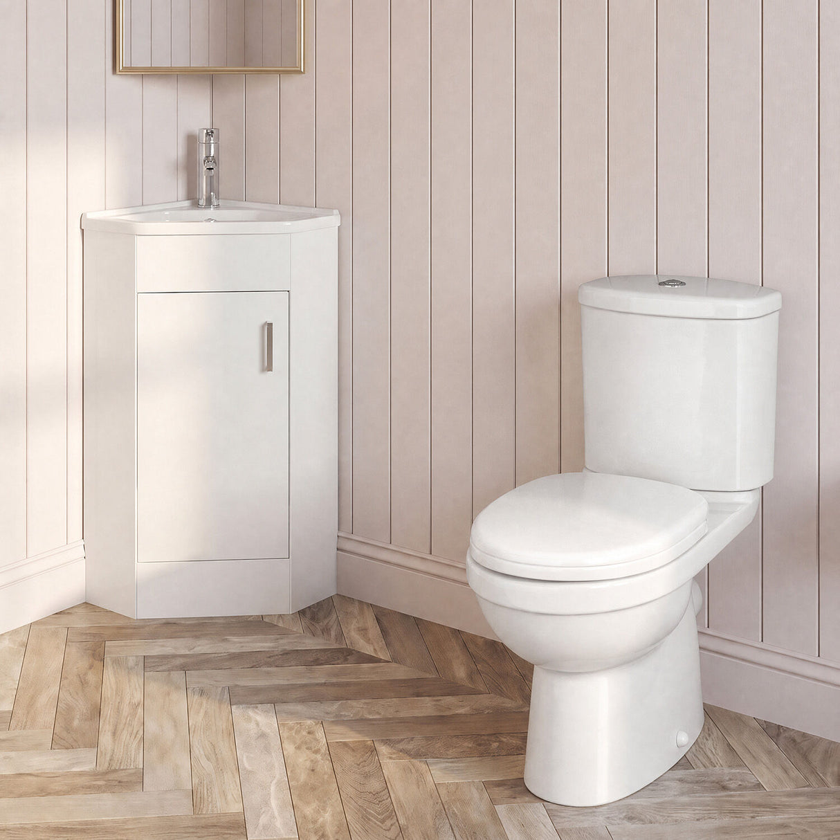 [BFZOR002] Bathroom Corner Vanity Unit and Toilet Set - White - Silo