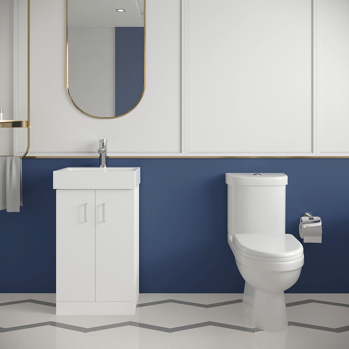 [BFZOR005] Cloakroom Suite - Floor Standing Vanity Basin Unit, Toilet and Seat - Gloss White - Lifestyle 1