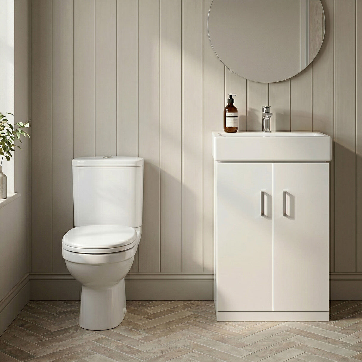 [BFZOR005] Cloakroom Suite - Floor Standing Vanity Basin Unit, Toilet and Seat - Gloss White - Silo